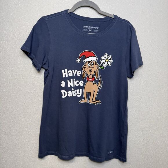 Life is Good Womens Blue Dog Max Have A Nice Daisy Short Sleeve T-Shirt Medium - Picture 1 of 3